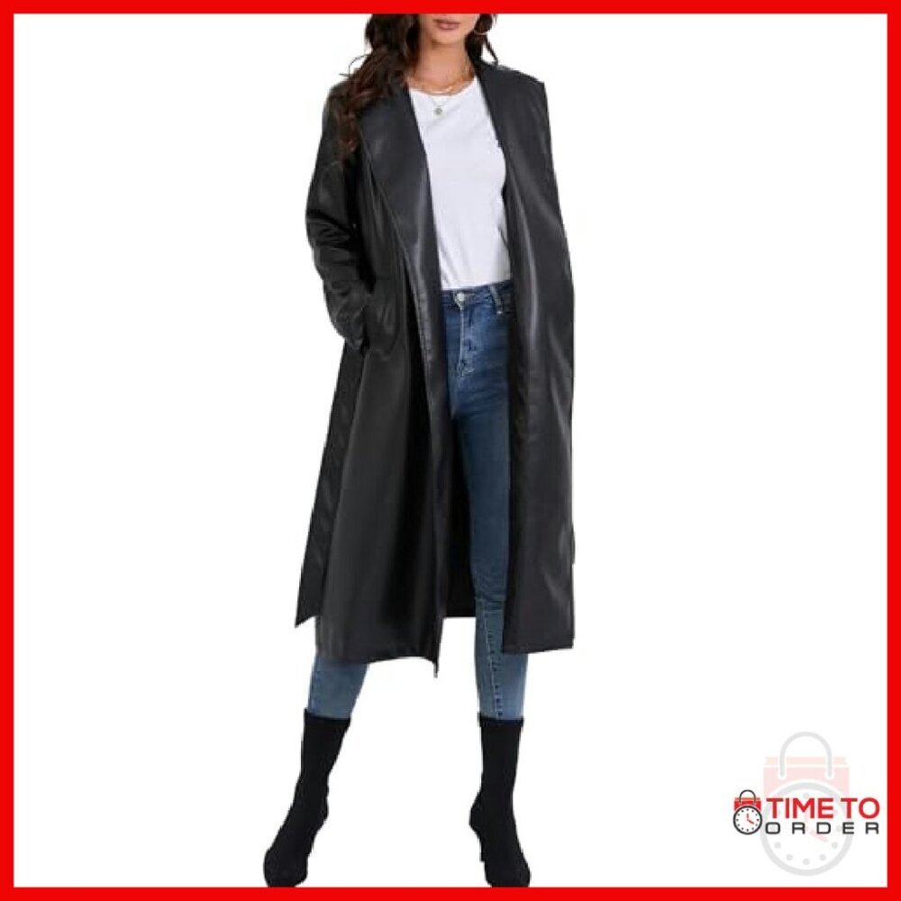 Faux Leather Long Trench Coat with Belt and Pockets - Picture 5 of 7